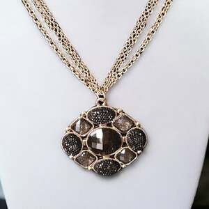 Vintage 1990s Black Geometric Medallion Pendant Necklace Multi Strand Chain